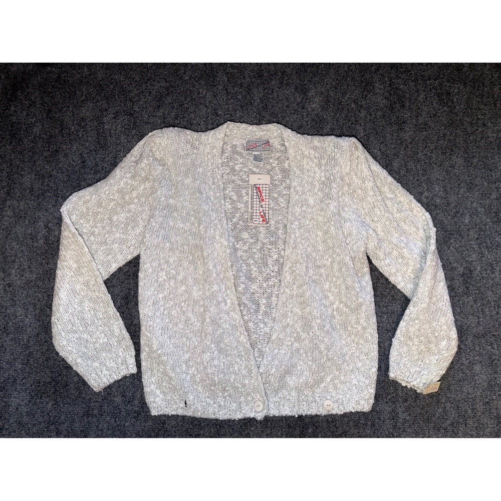 Vintage 80s Spice of Life Cardigan L White Grey Boucle Knit Sweater NOS NWT